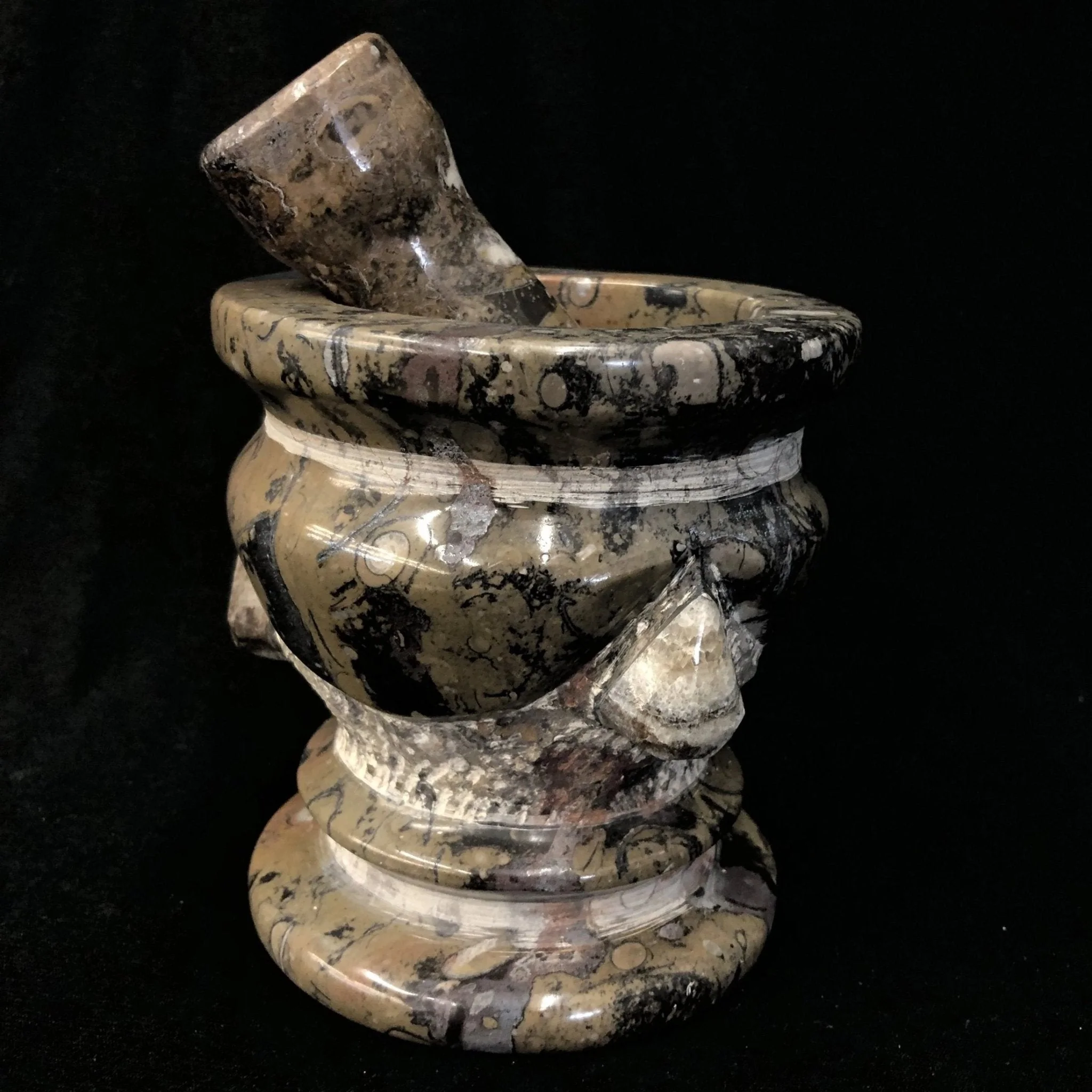 Natural Fossil Mortar And Pestle Gray, Brown, Black Stone - Image 4